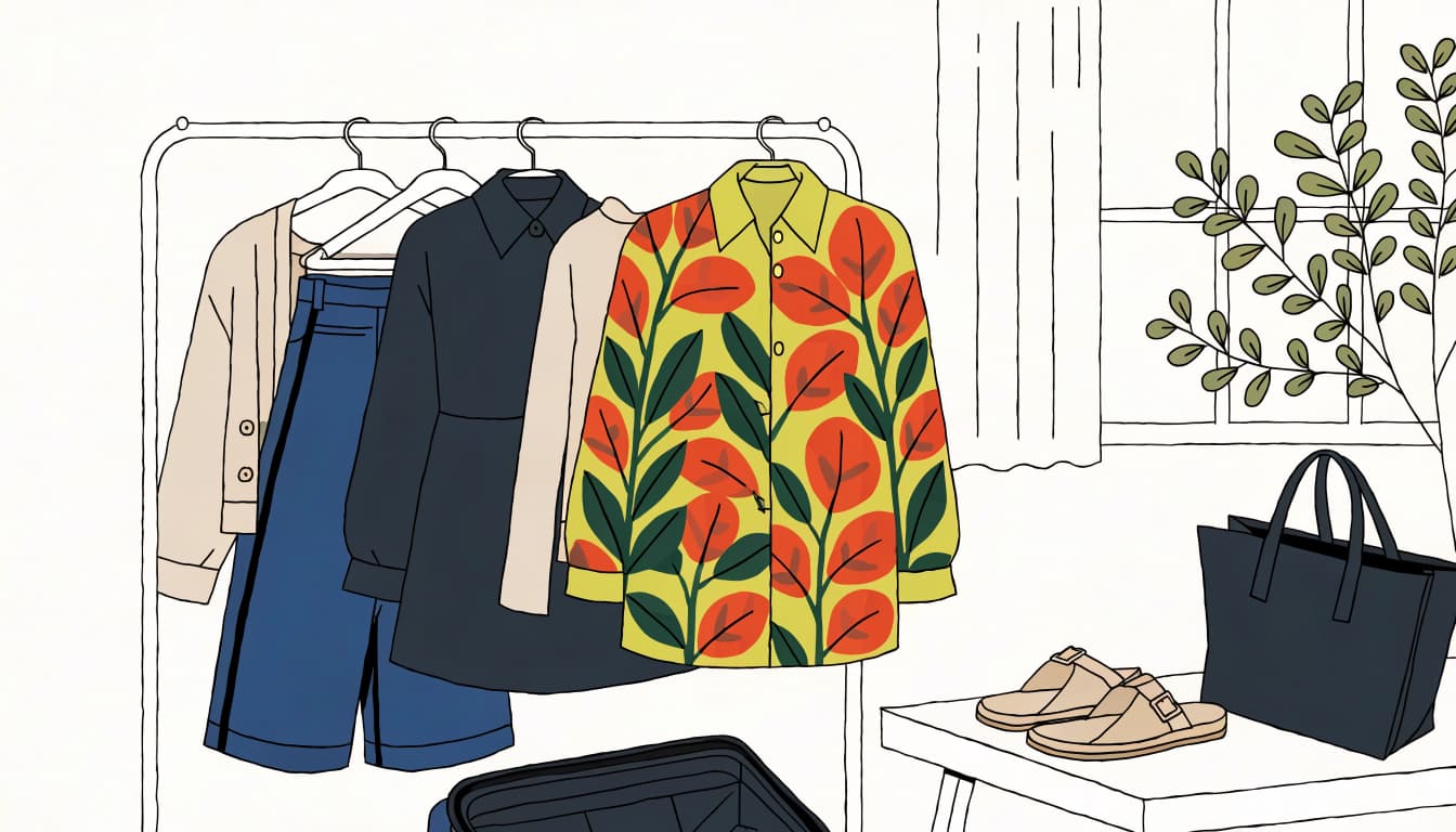 A floral shirt, solid dress, shorts, sandals, and light layer arranged in a bright resort room.