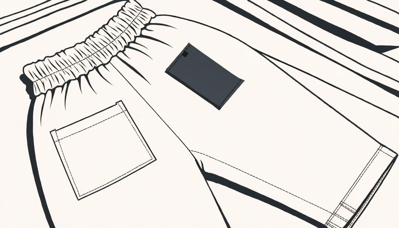 Neutral trousers show an elastic waistband, stitched pocket, and ankle cuff.