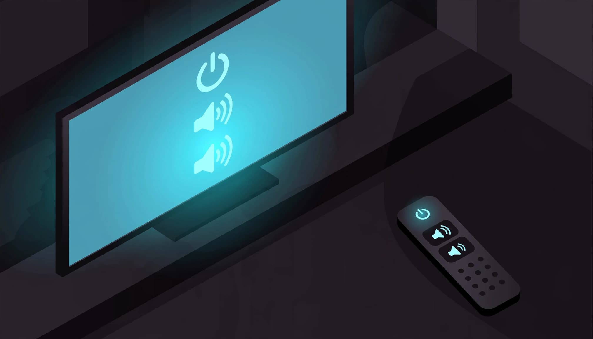 A television displaying power and volume symbols beside a separate remote.
