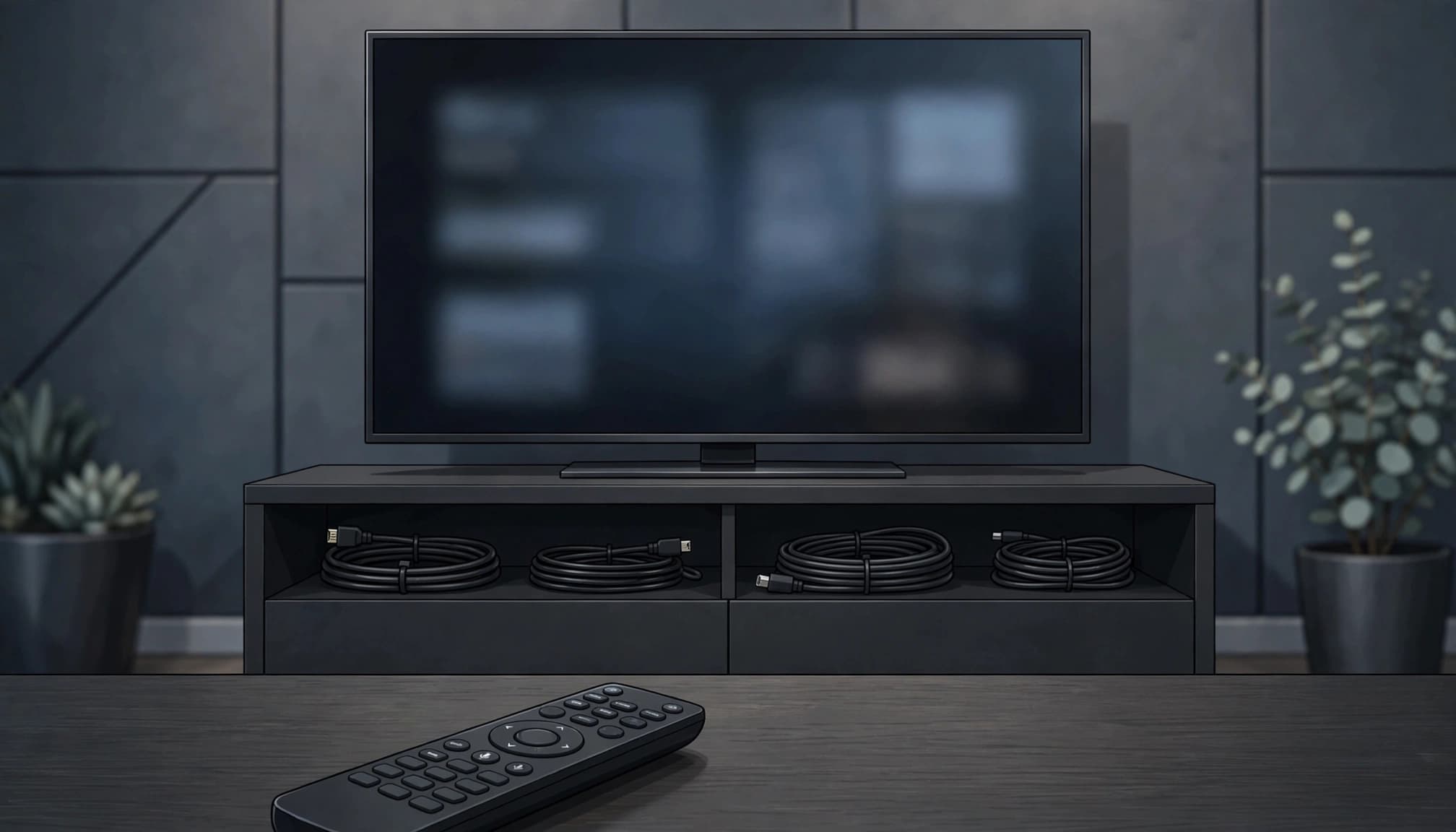 A television shows a blurred settings screen beside a remote and neatly arranged cables.