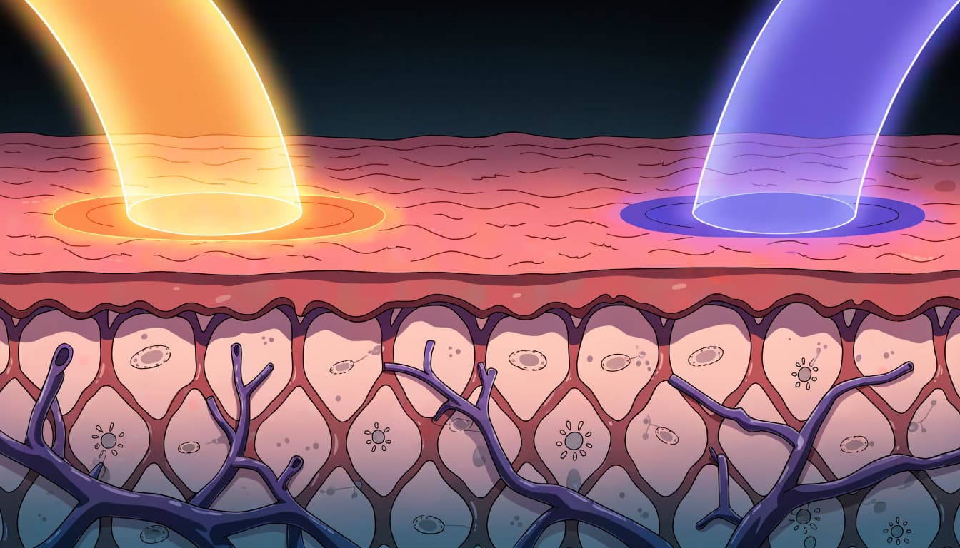 Two ultraviolet beams reach different layers of skin containing pigment cells.