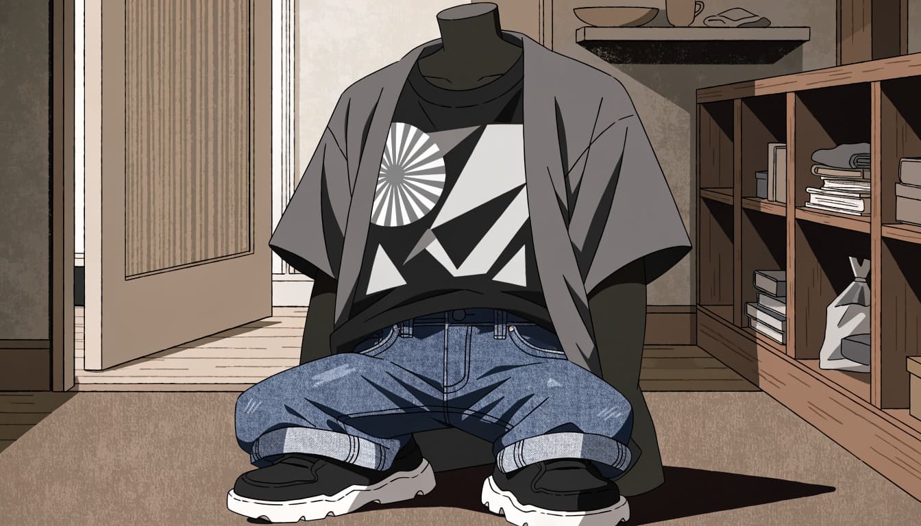 A mannequin wears a charcoal overshirt, graphic tee, dark jeans, and simple sneakers.