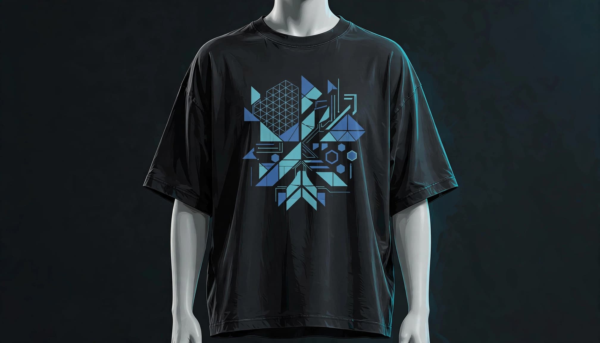 Oversized graphic tee on a mannequin torso with relaxed sleeves and a geometric emblem.
