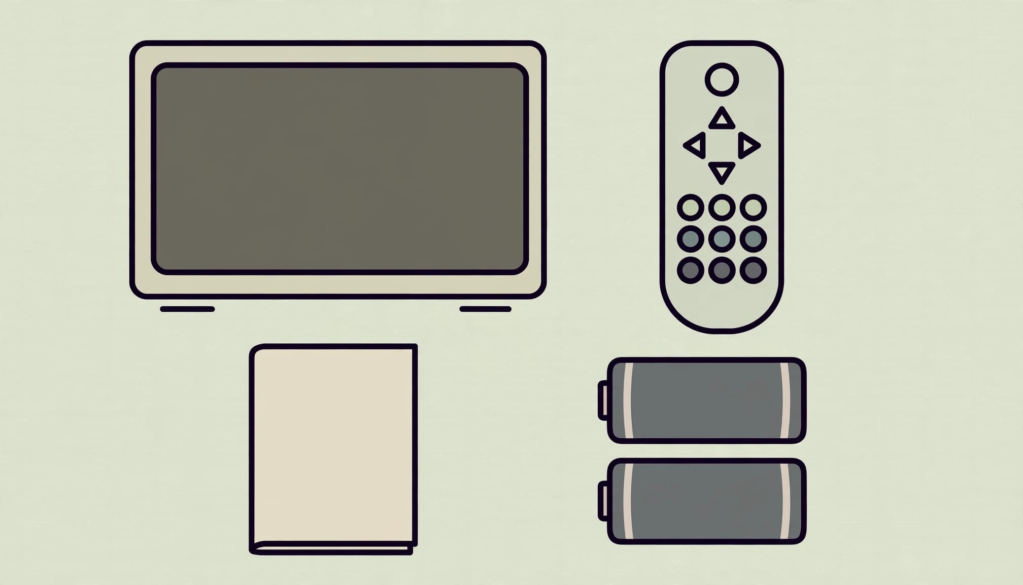 A remote, television, two batteries, and a blank booklet arranged on a tabletop.