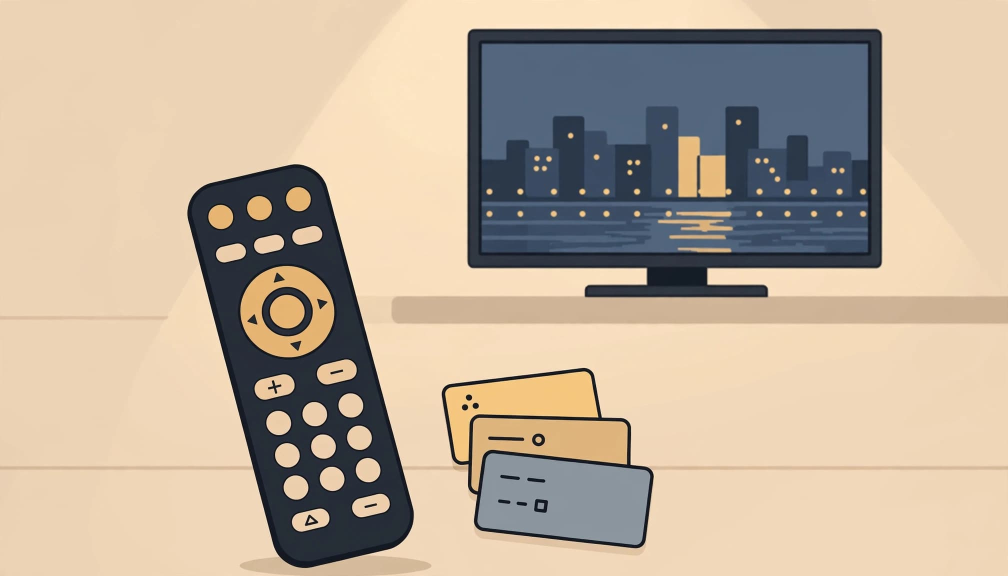 A universal remote sits in front of a television beside blank code cards.