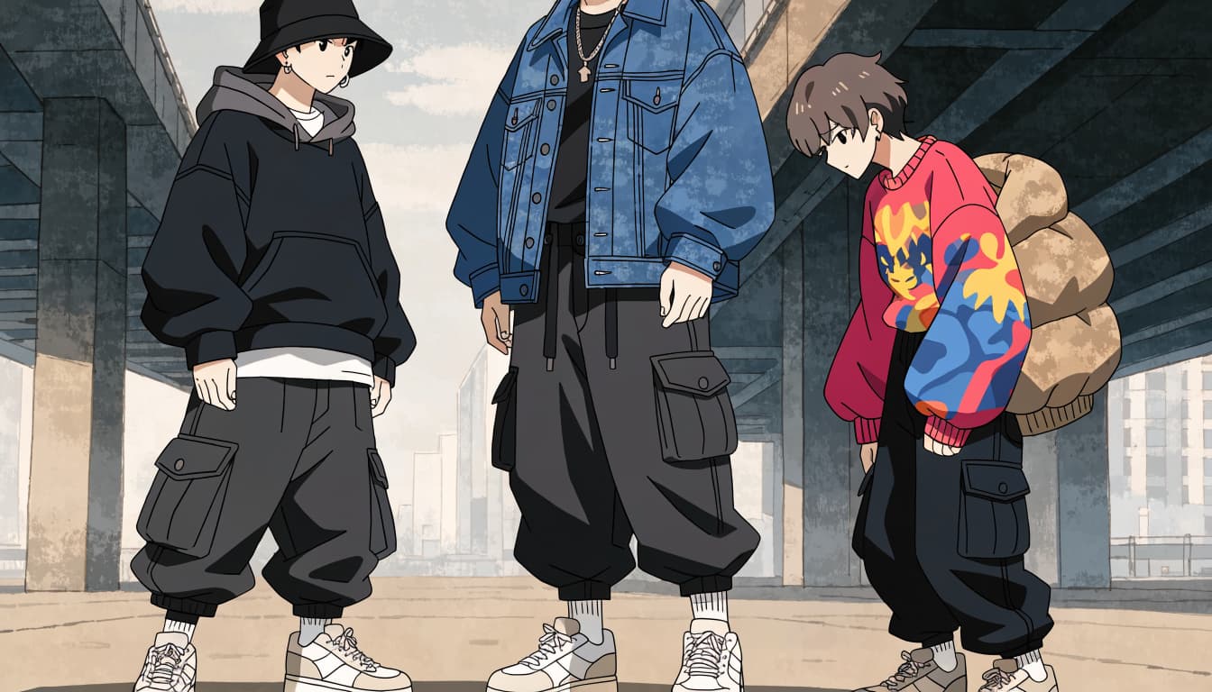 Three young adults pose separately in layered streetwear beneath a concrete underpass.