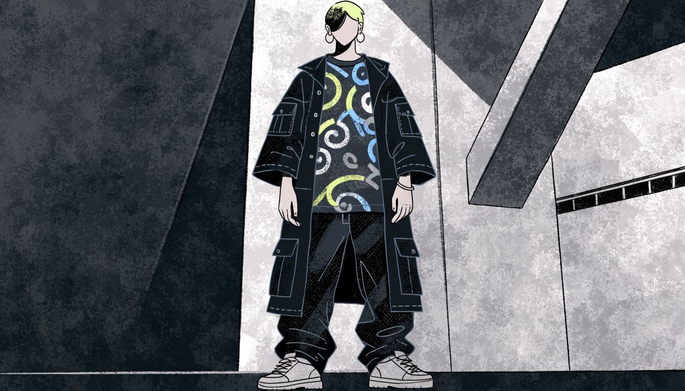 A person in a black jumpsuit and graphic shirt stands against angular concrete shapes.