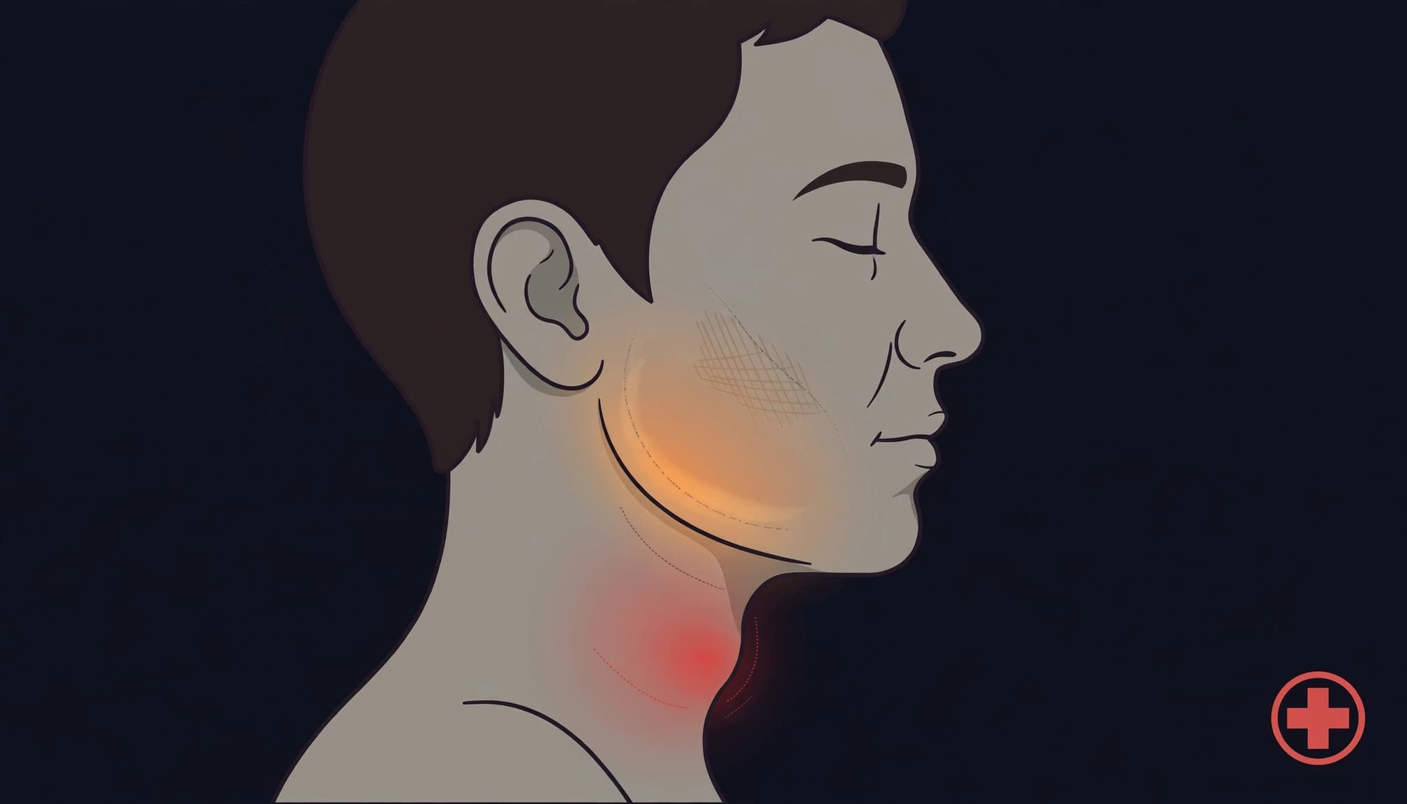 Side-profile face with subtle cheek and neck swelling beside an emergency cross.