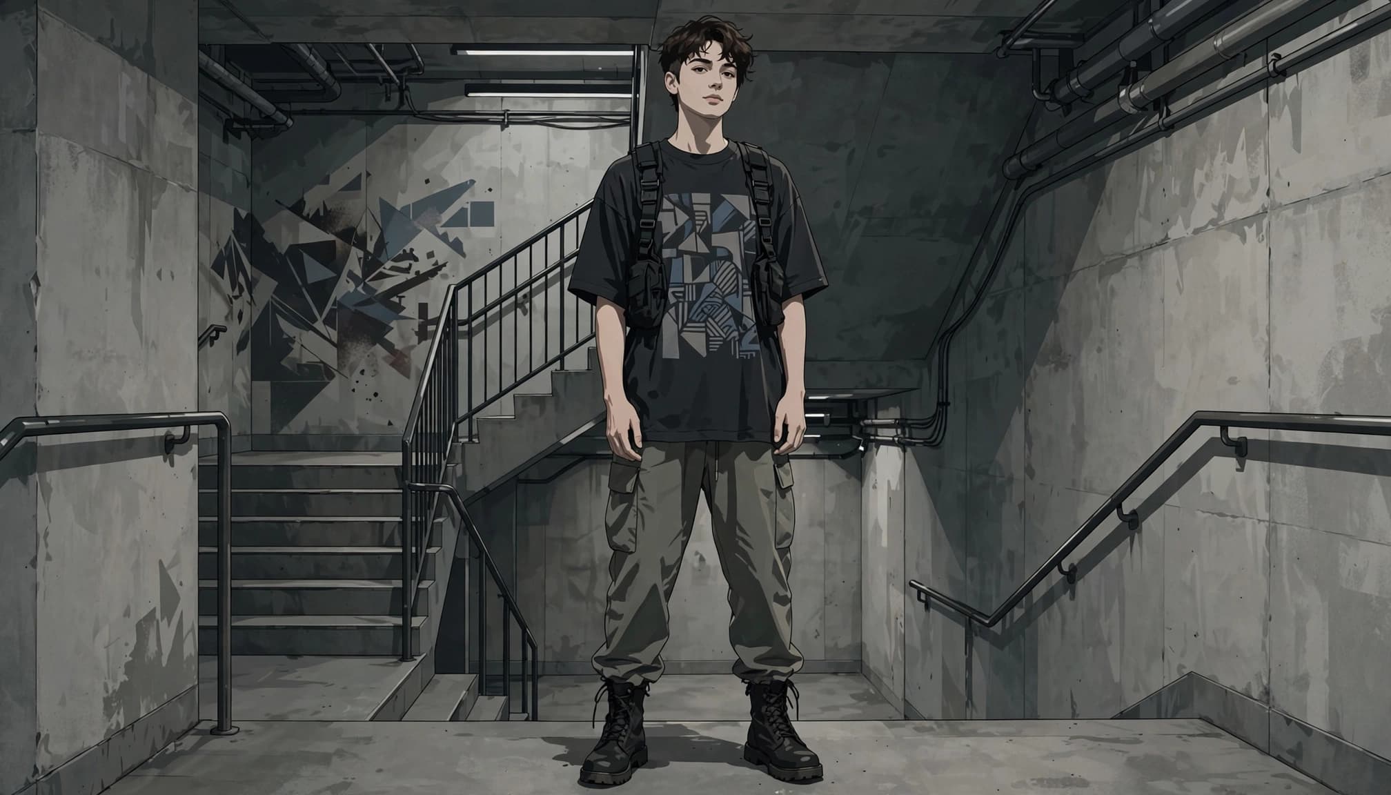 A person in a dark tee, cargo trousers, and boots stands in a concrete stairwell.