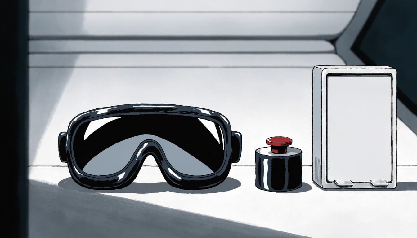 Tanning goggles sit beside an emergency stop button and timer near an empty UV bed.