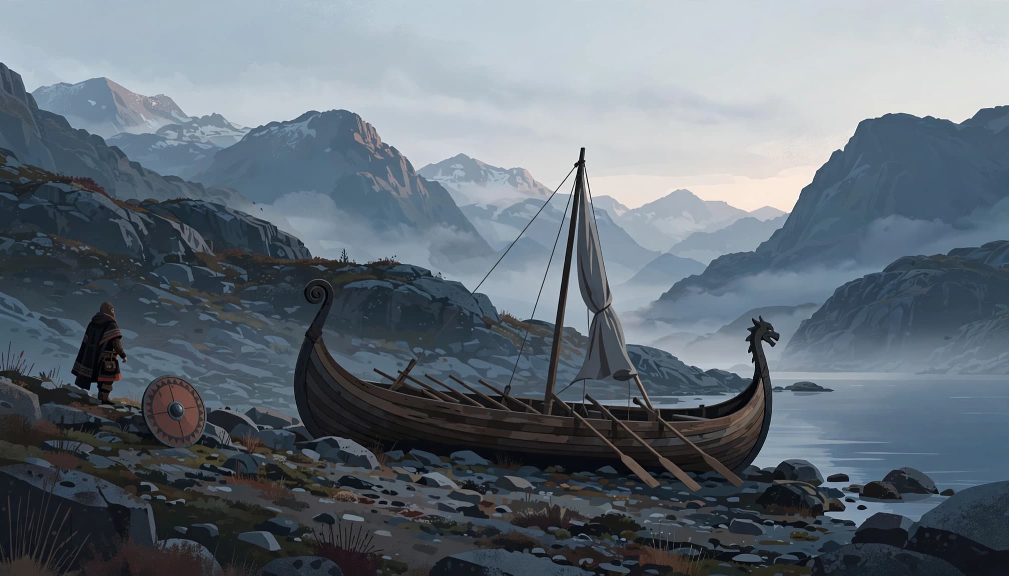 A cloaked traveler stands beside a longship on a rocky fjord shore at dawn.