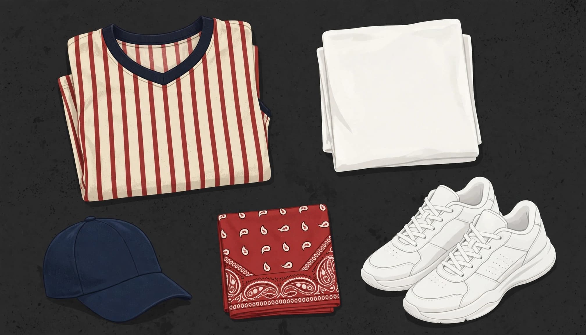 A jersey, white tee, navy cap, bandana, and sneakers arranged on a dark tabletop.