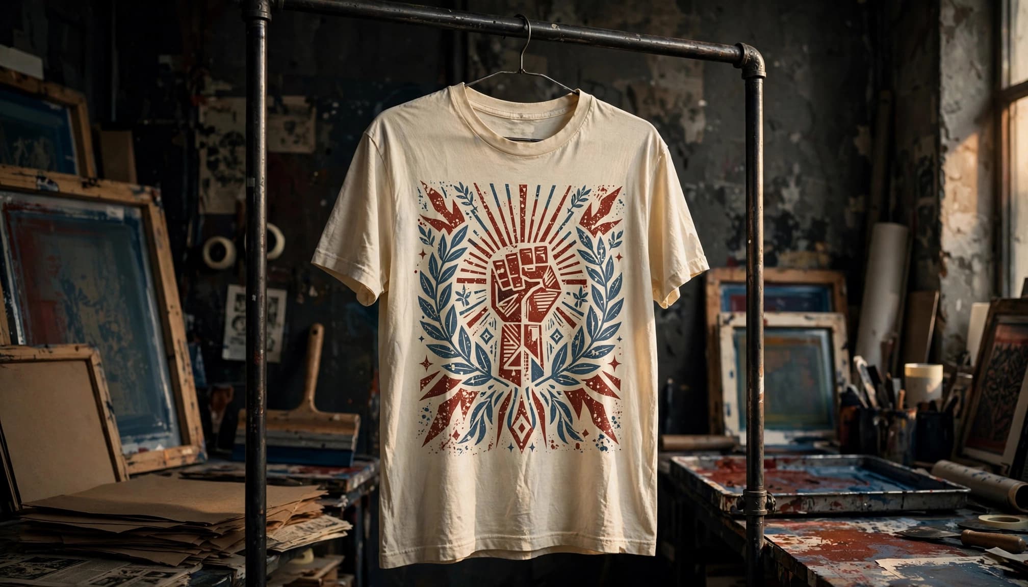 A vintage graphic T-shirt hangs on a metal rack in a print studio.