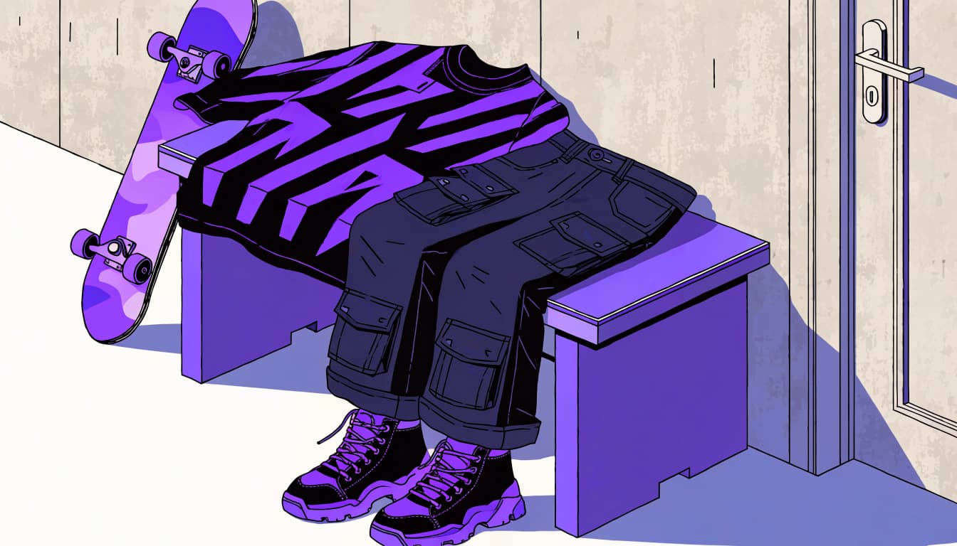 A violet graphic tee and streetwear pieces are arranged on a bench beside a leaning skateboard.