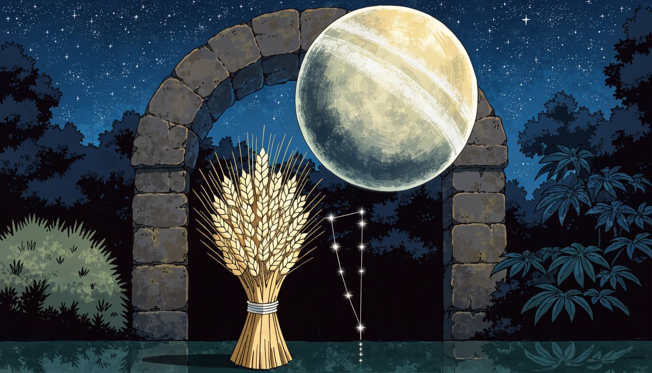 An astrological still life of wheat, a starry constellation, and a celestial orb in a garden archway.
