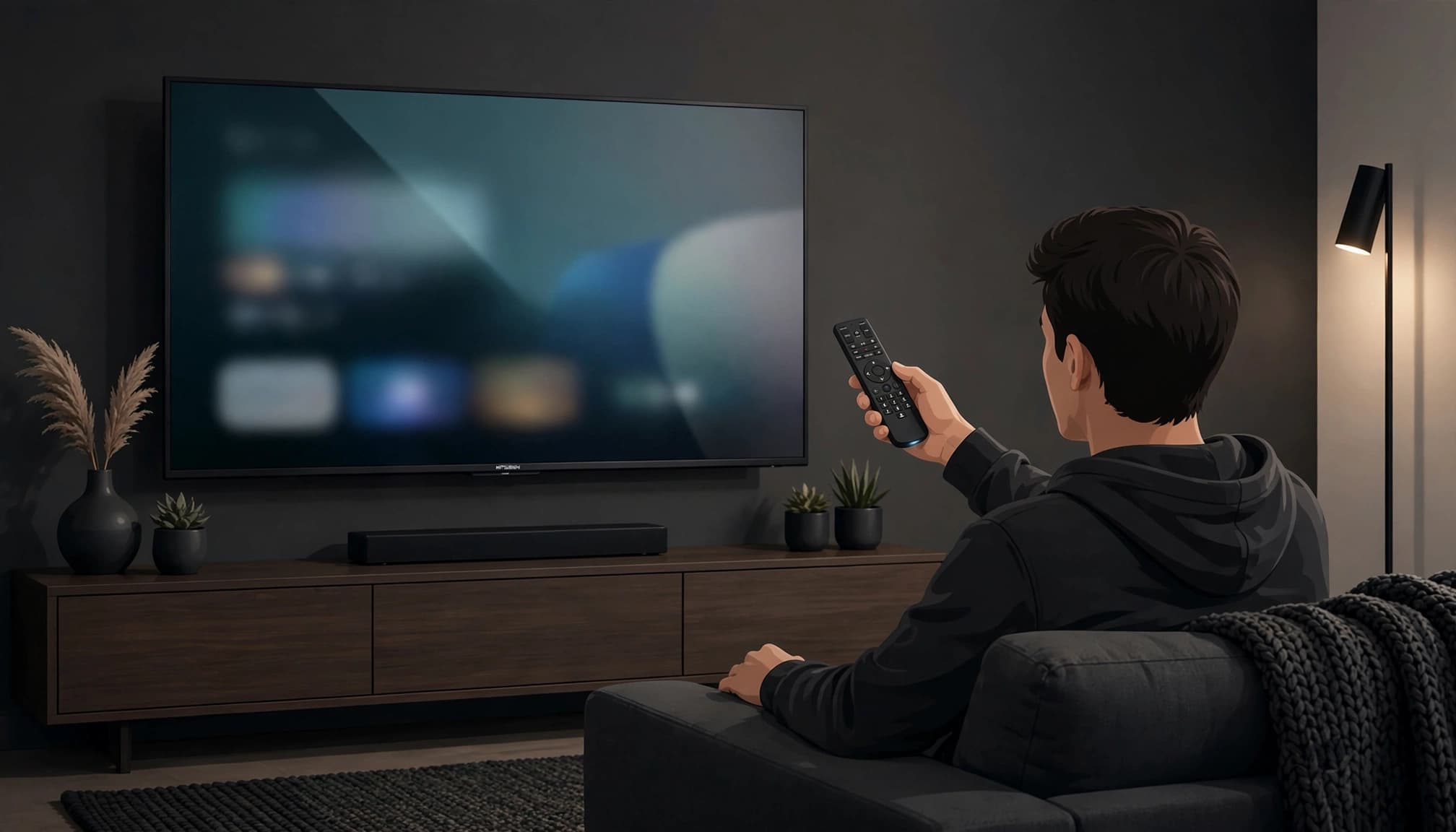 Person aiming a voice remote at a television in a modern living room.