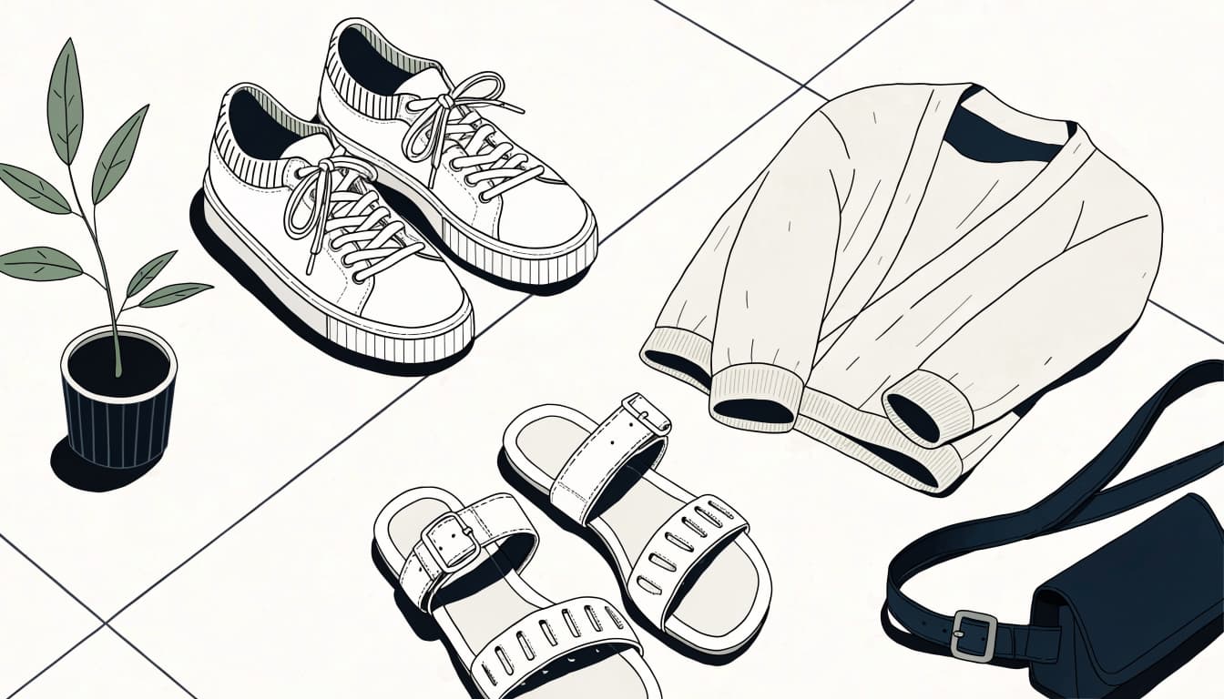 Sneakers, flat sandals, a small bag, and cardigan rest on a tiled floor.