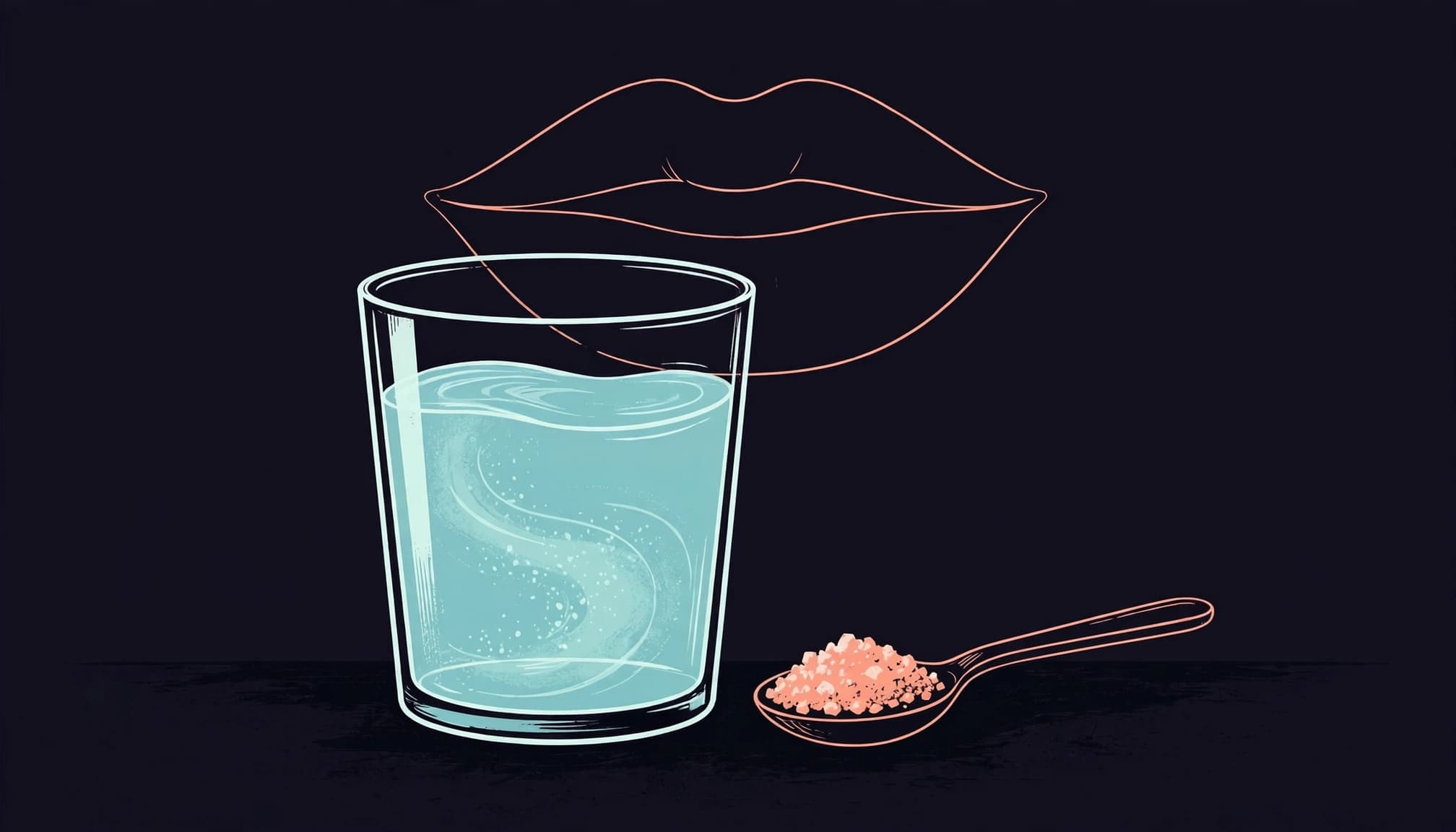 A glass of warm saltwater and a spoon beside a simple mouth silhouette.