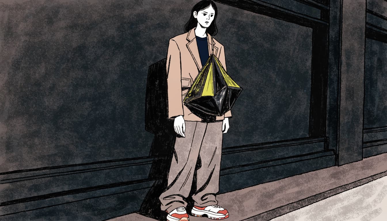 A model wears a cropped blazer and relaxed trousers with a sculptural bag.
