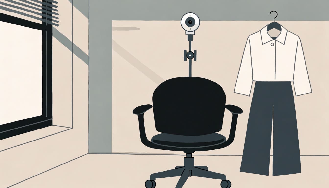 A chair and webcam face a wall beside a hanging outfit lit by a window.