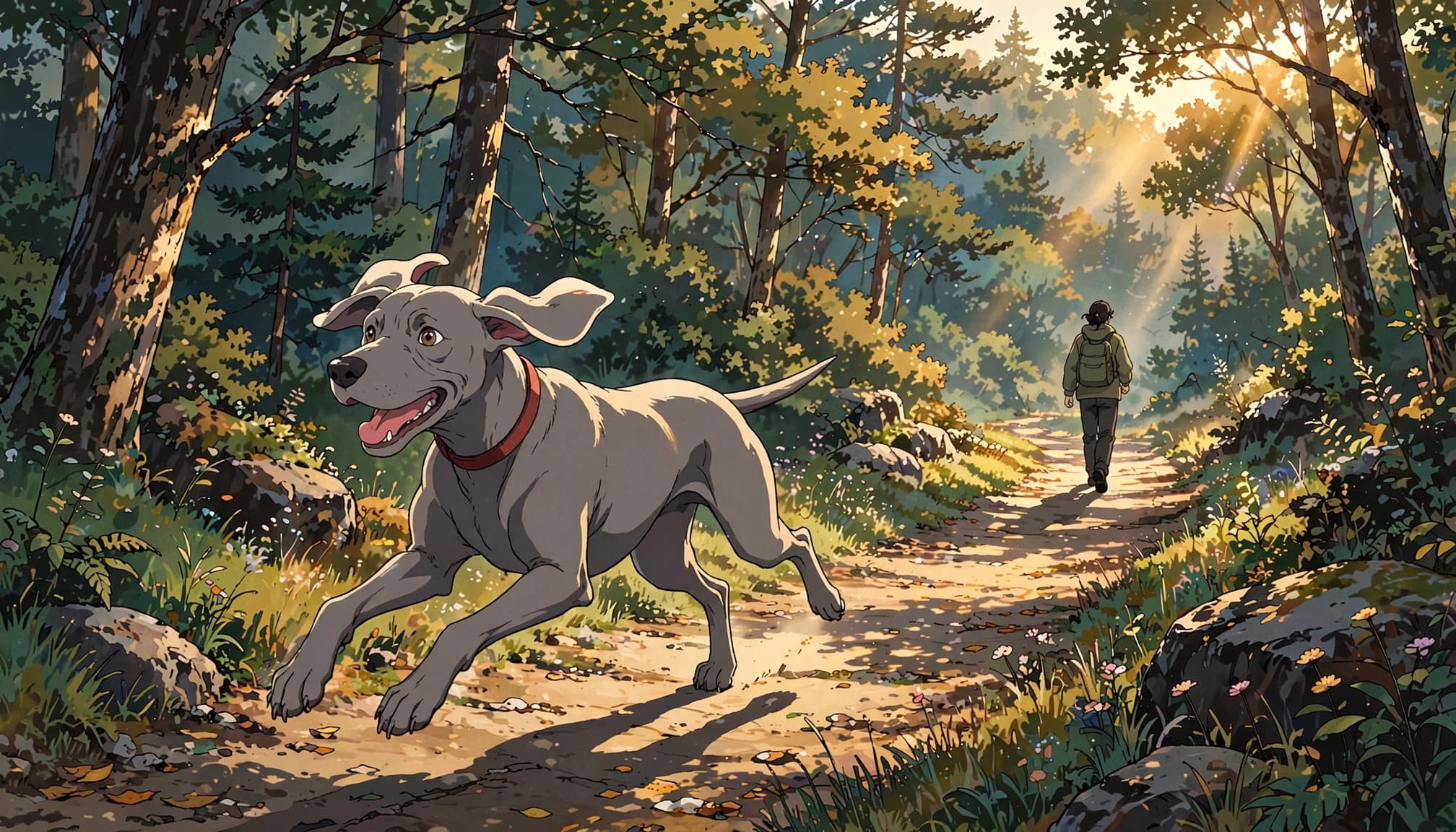 A Weimaraner runs down a forest trail with its owner in the distance.