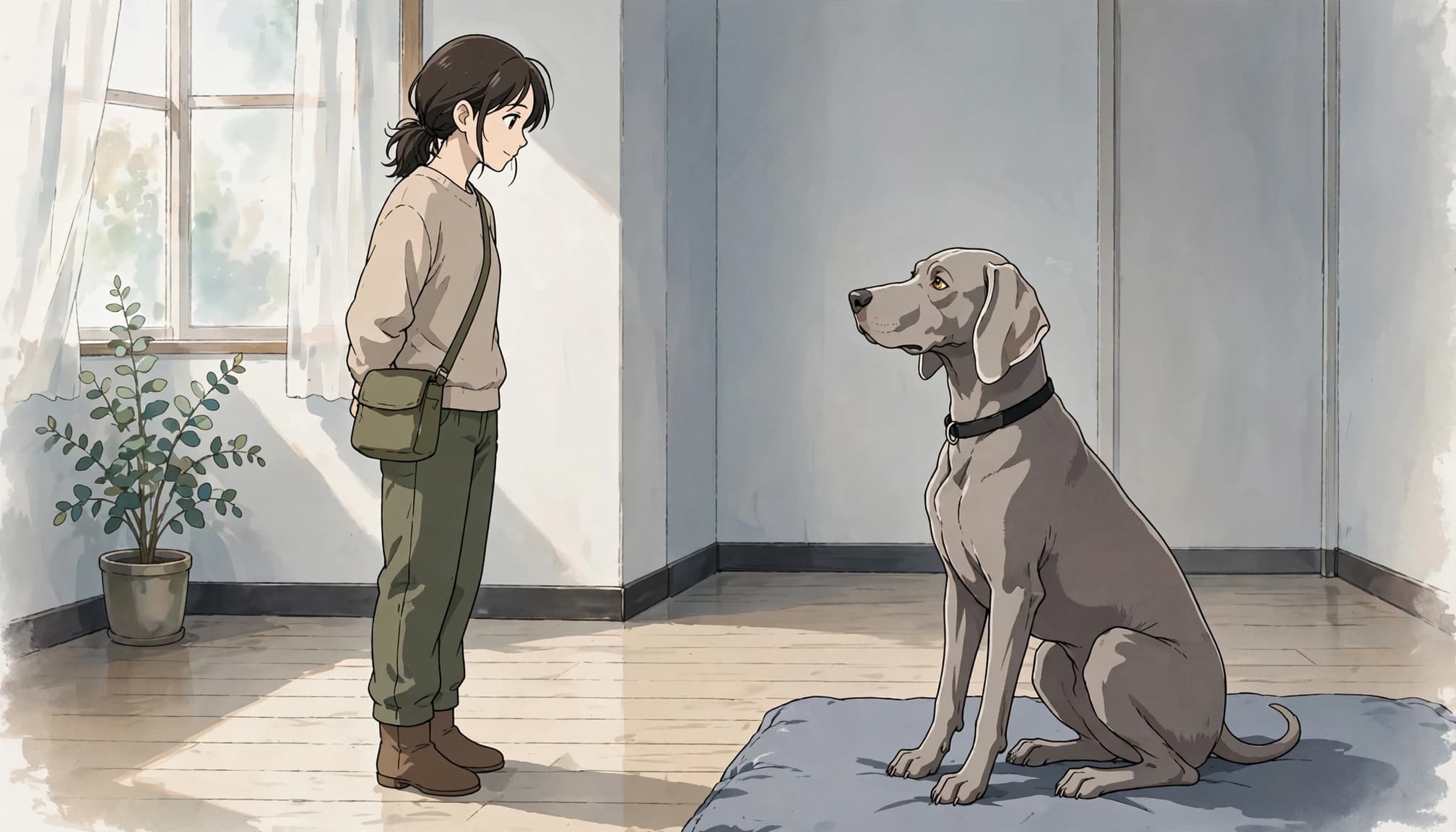 A person stands near a seated Weimaraner in a softly lit room.