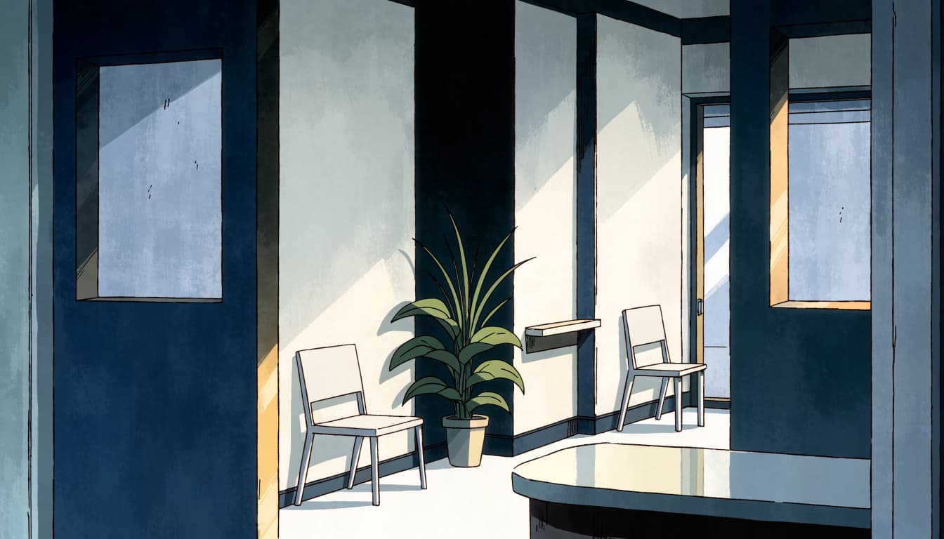 Two chairs, a leafy plant, and a reception counter in a bright clinic entryway.
