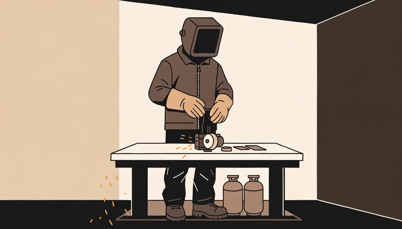 A welder in protective clothing stands beside a welding table.