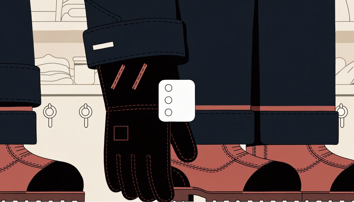 A jacket, gloves, trousers, and boots arranged to show protective clothing overlap.