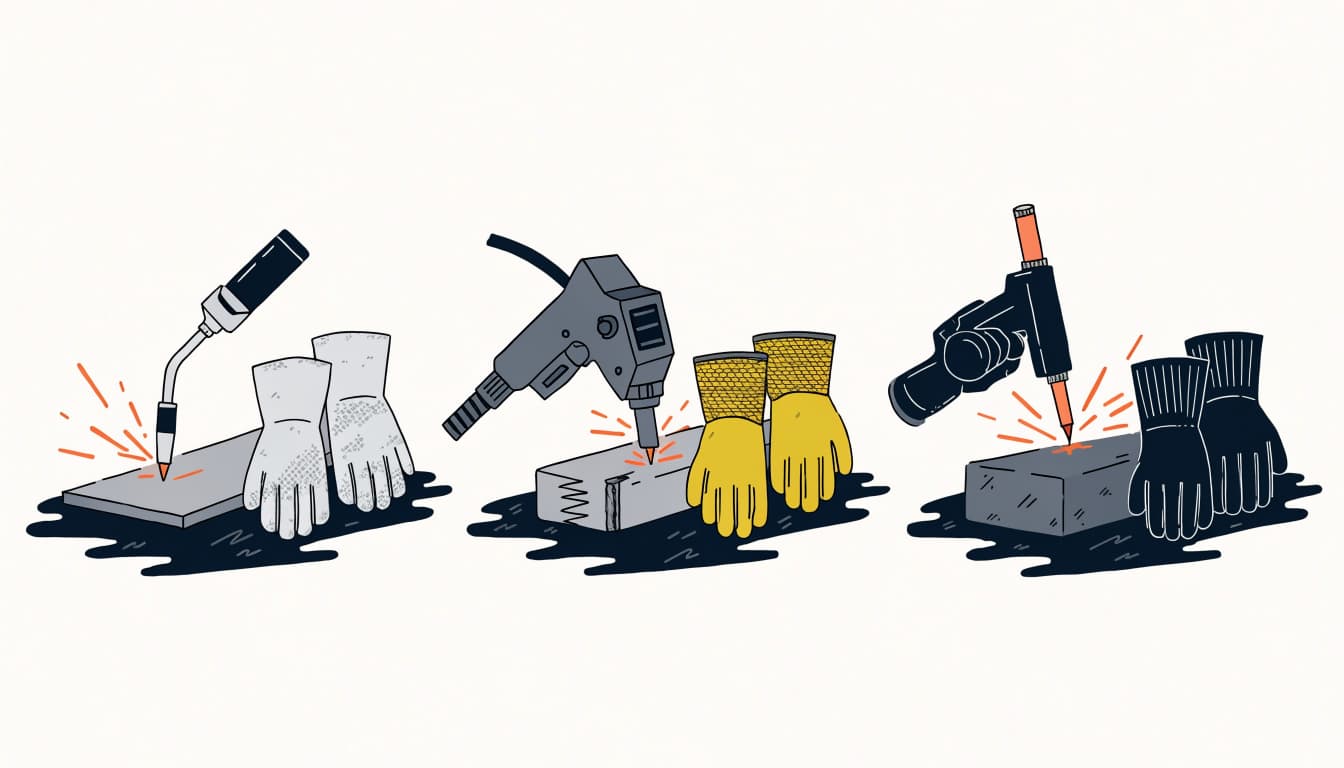 Three welding setups with different tools, metal thicknesses, and gloves.