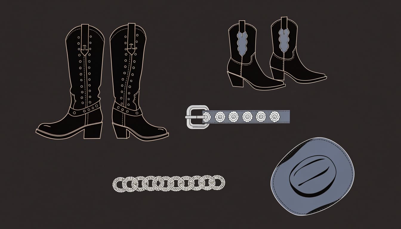 Western boots, a hat, a concho belt, and a rhinestone accessory arranged on a dark floor.