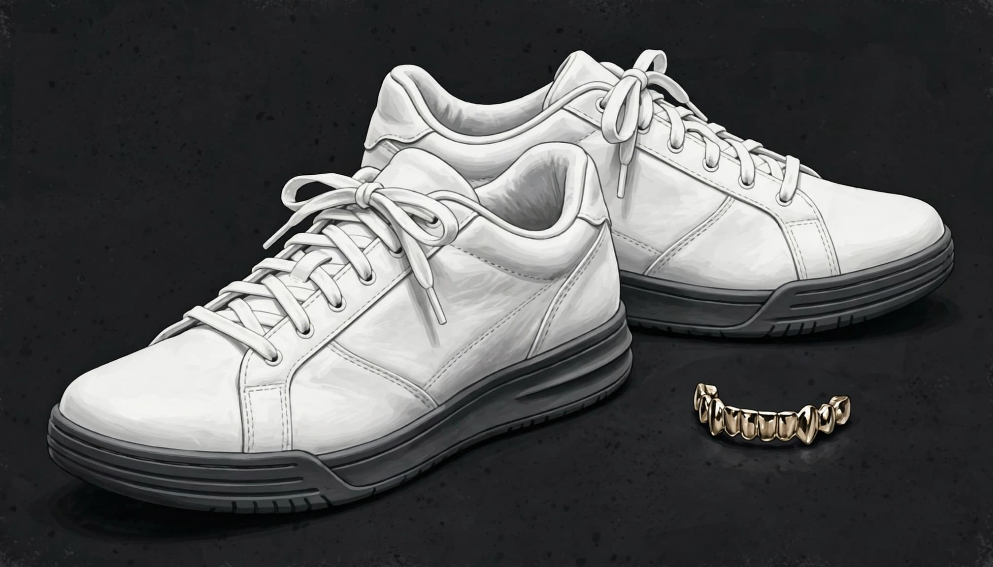 Two white low-top sneakers sit beside a metallic grill accessory on a dark plinth.