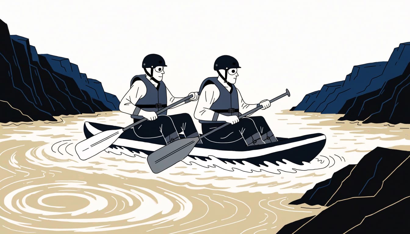 Two helmeted rafters paddle through whitewater in a raft.