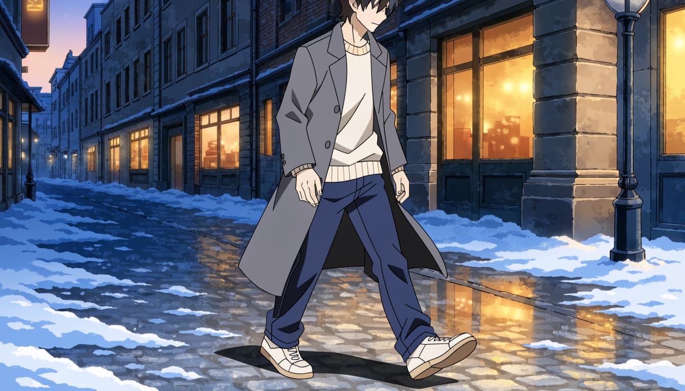 A person in a coat and sneakers walks past a glowing coffee shop on a snowy street.
