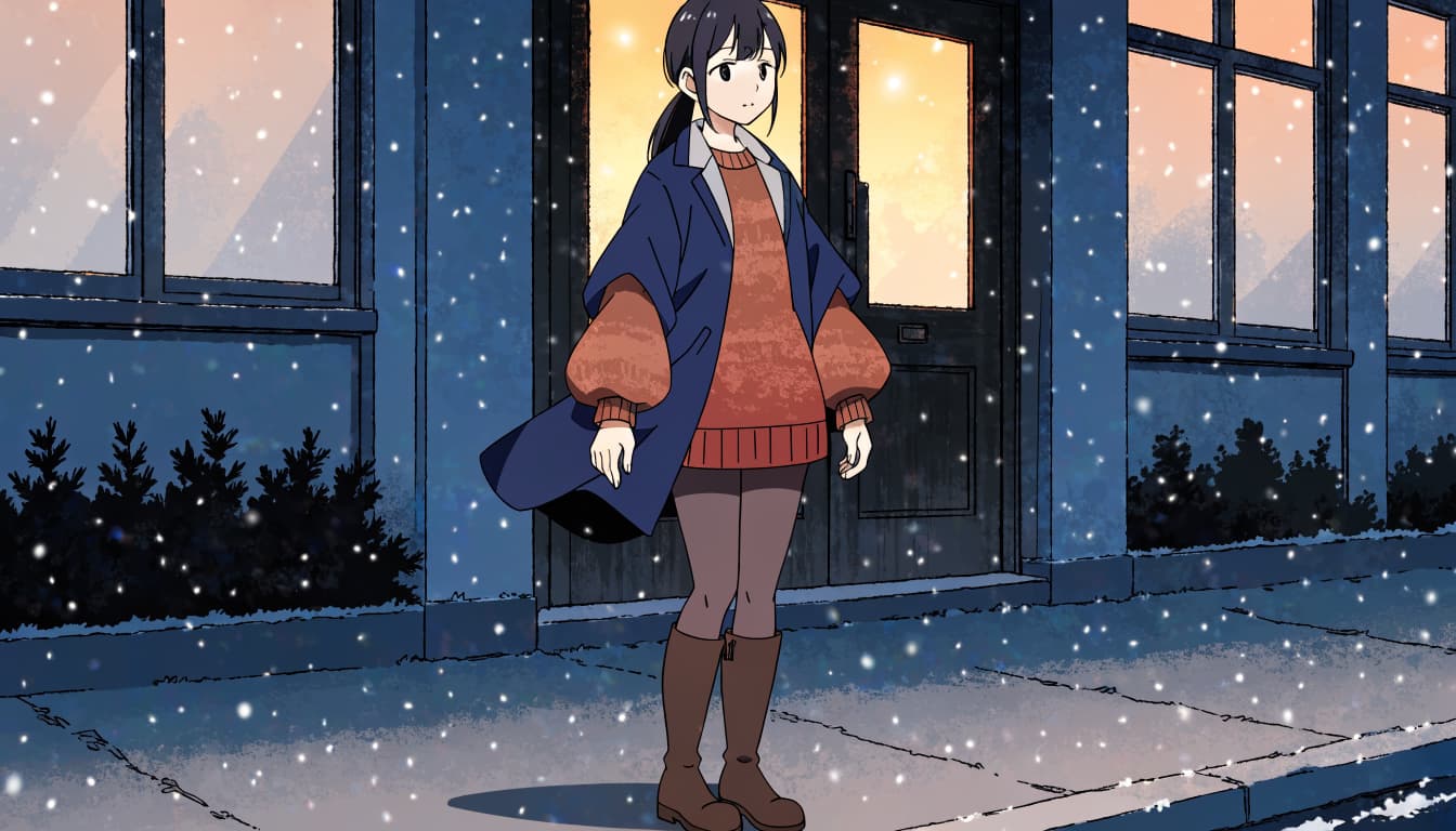 A woman in a warm coat and boots stands outside a glowing music venue in gentle snow.