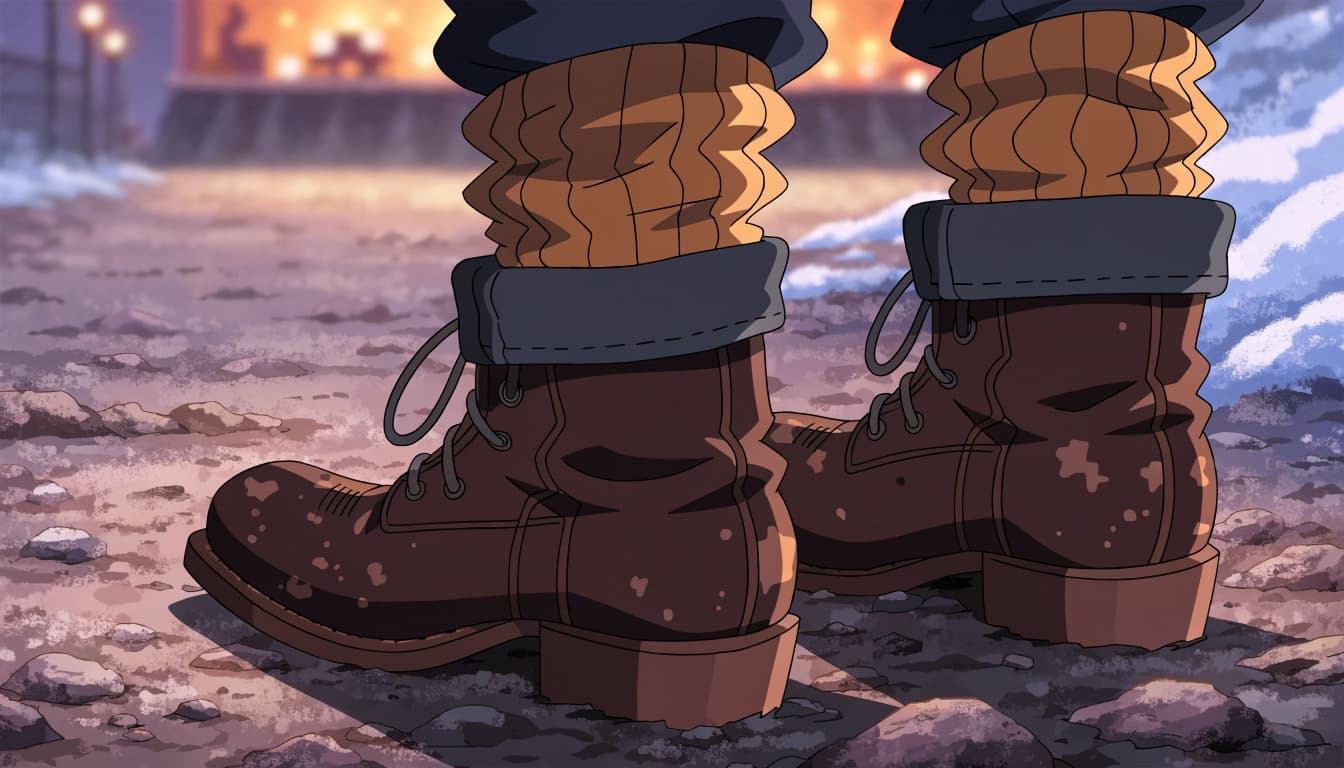 Western boots and wool socks rest on muddy ground near faint snow and distant stage lights.