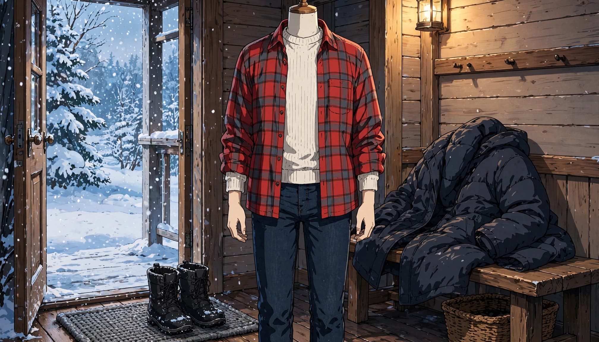 A layered concert outfit stands beside boots near a snow-covered doorway.