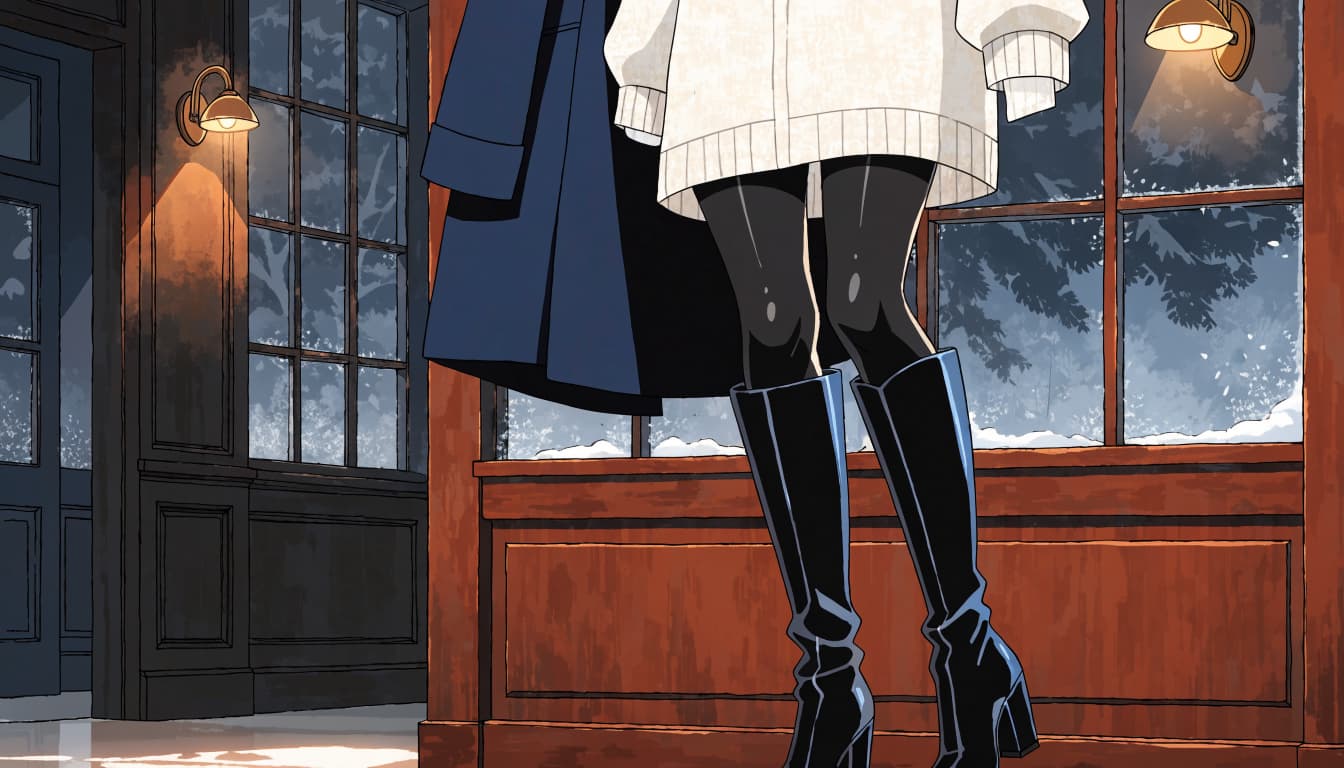 A sweater dress, tights, and tall boots displayed beside a dark coat in a warmly lit entry.