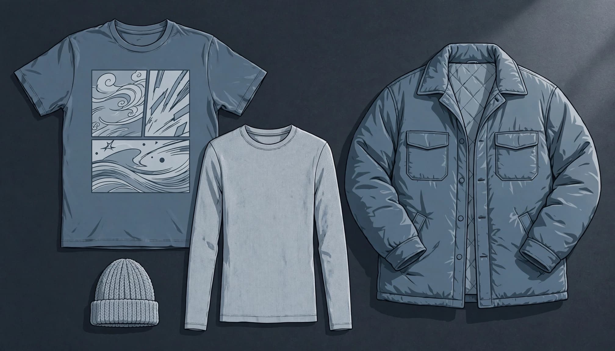 A graphic tee, thermal shirt, overshirt, and knit beanie arranged on a dark surface.