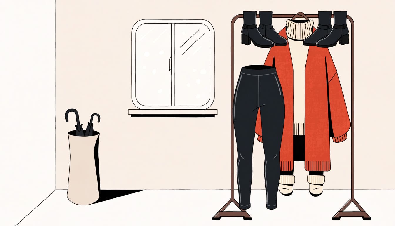 A clothing rack holds winter layers, warm socks, and ankle boots in a simple hallway.