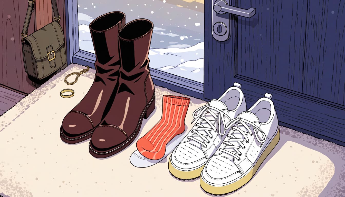 Boots and sneakers sit beside socks, a small bag, and jewelry near a snowy door.