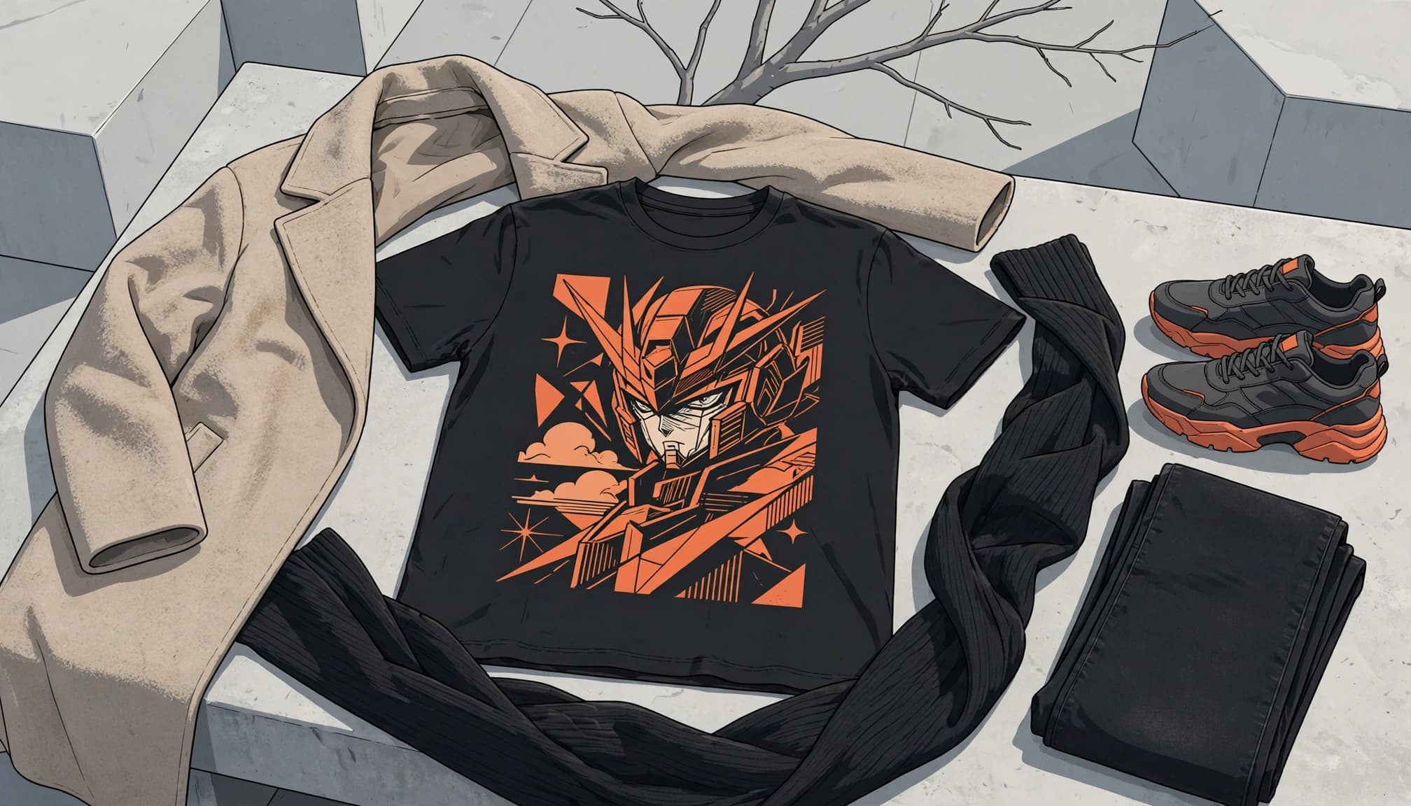 A graphic tee framed by a coat and scarf, with jeans and chunky sneakers on a concrete bench.