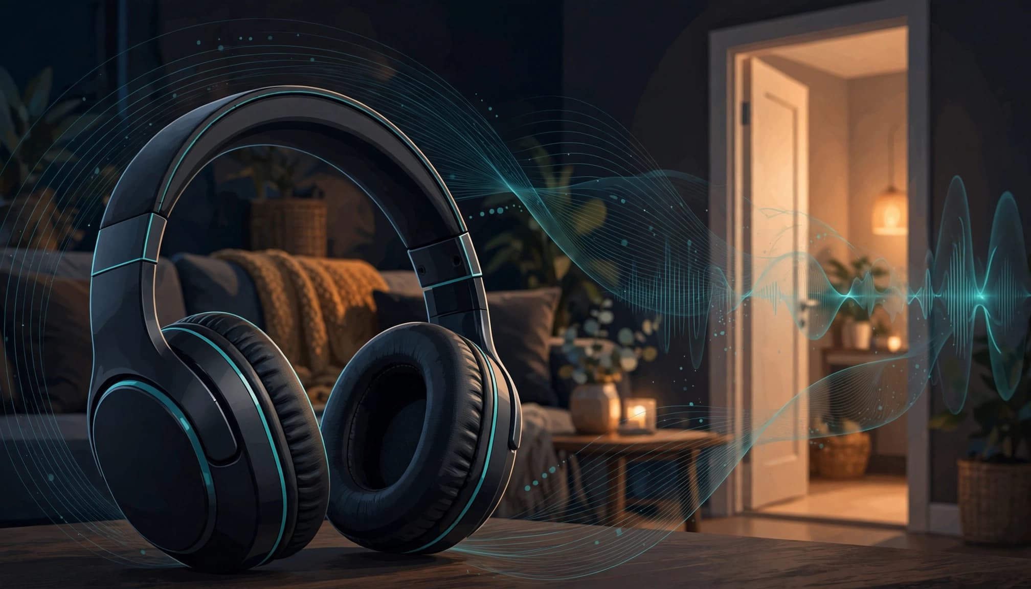 A black wireless headset sits near teal sound waves in a softly lit living room.