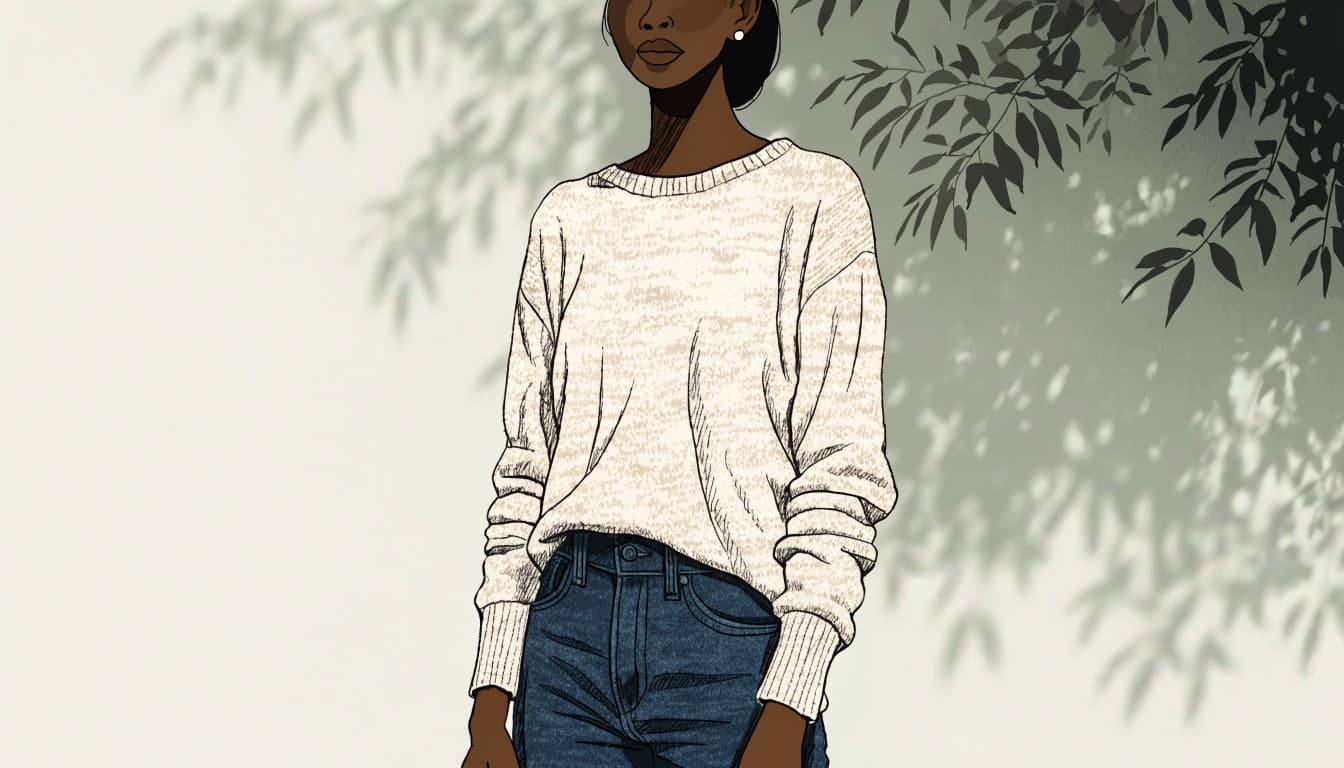 A woman in a cream knit top and dark jeans stands before a shaded outdoor wall.