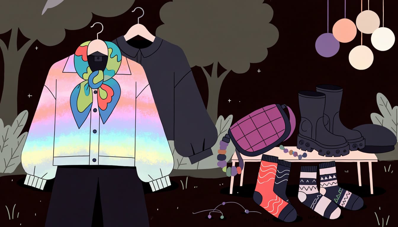 Festival clothes and accessories arranged on hangers and a bench among trees and lights.