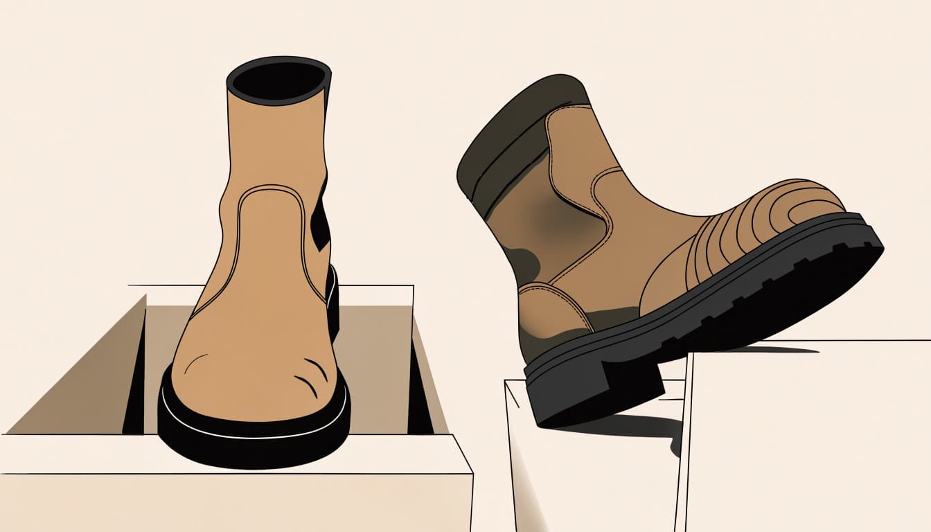 Two work boots on display plinths, one with a layered welted sole.