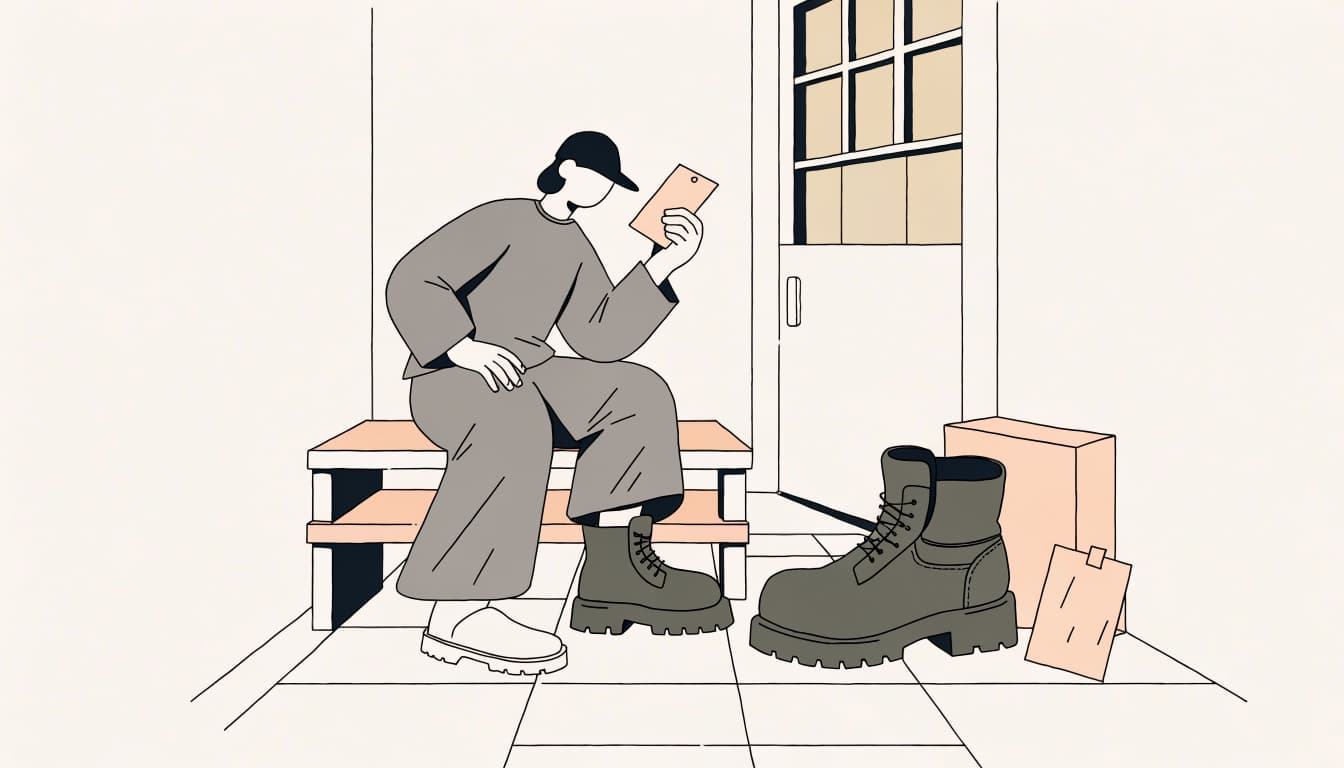 A shopper checks a blank tag beside one boot and its box.