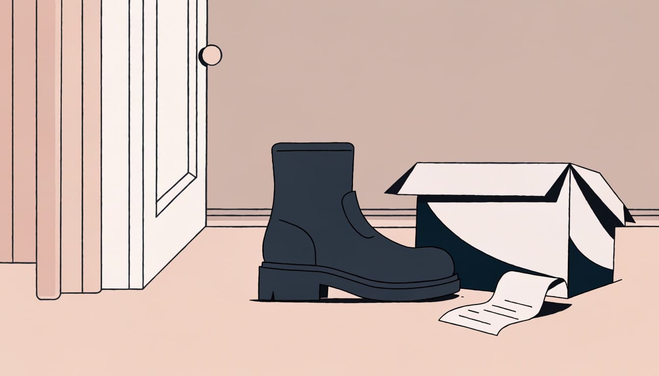 One work boot sits beside an open box and blank receipt.