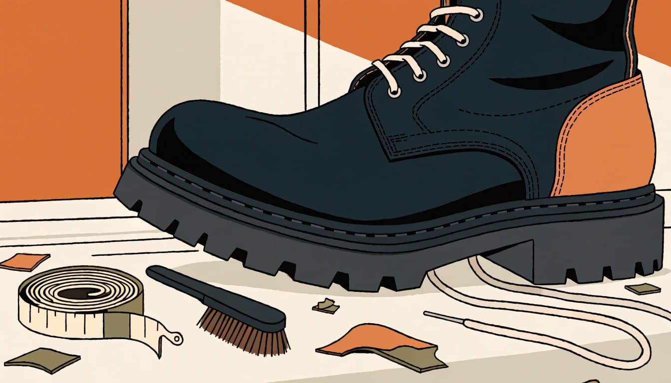 A brown work boot sole beside a measuring tape and leather brush on a repair bench.