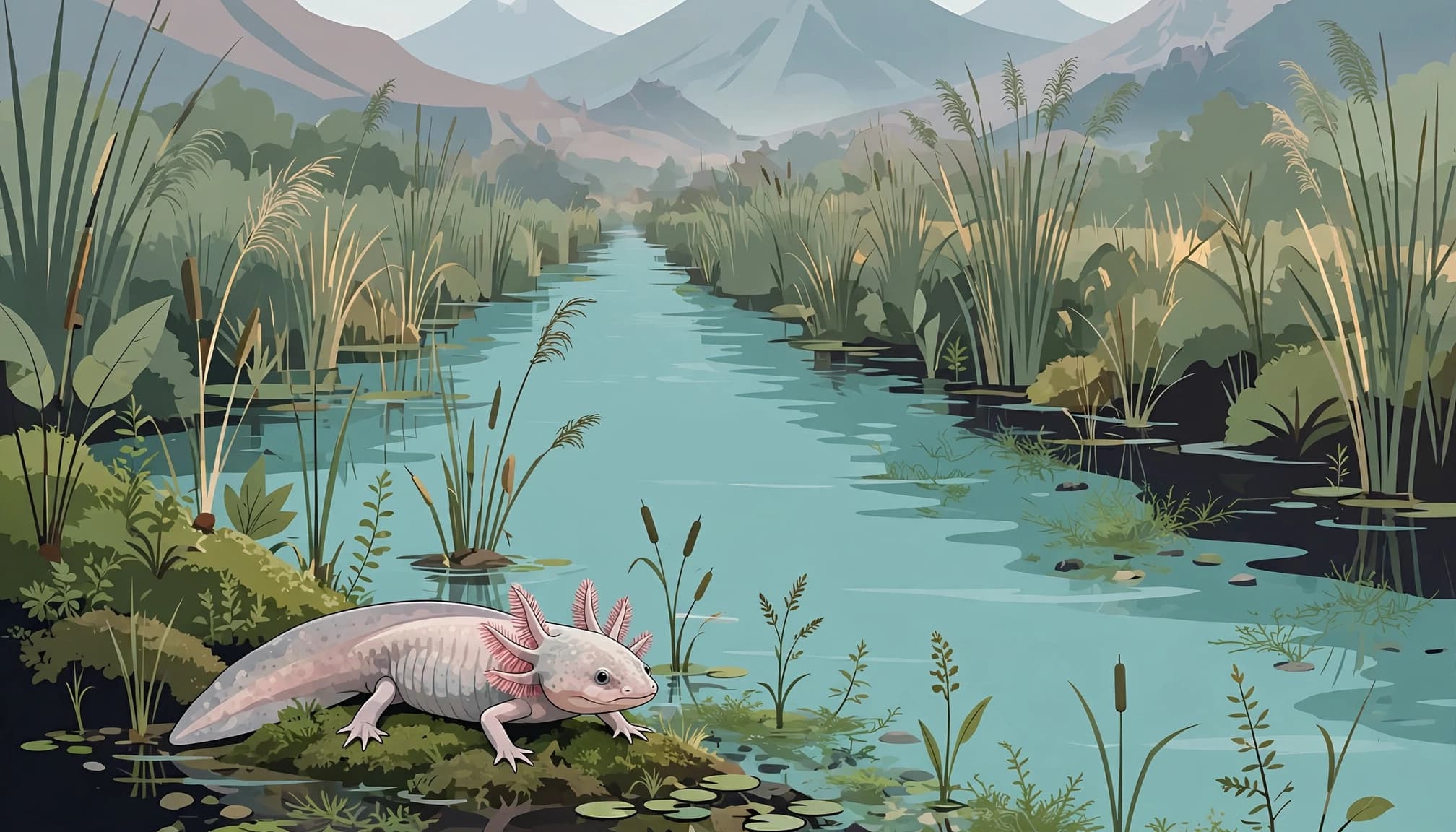 An axolotl rests beside a reed-lined canal with distant mountains.